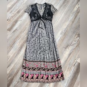 Vintage 70s Bodice Overlay Maxi Dress Women 6 Black Multi Color ED Michaels Boho